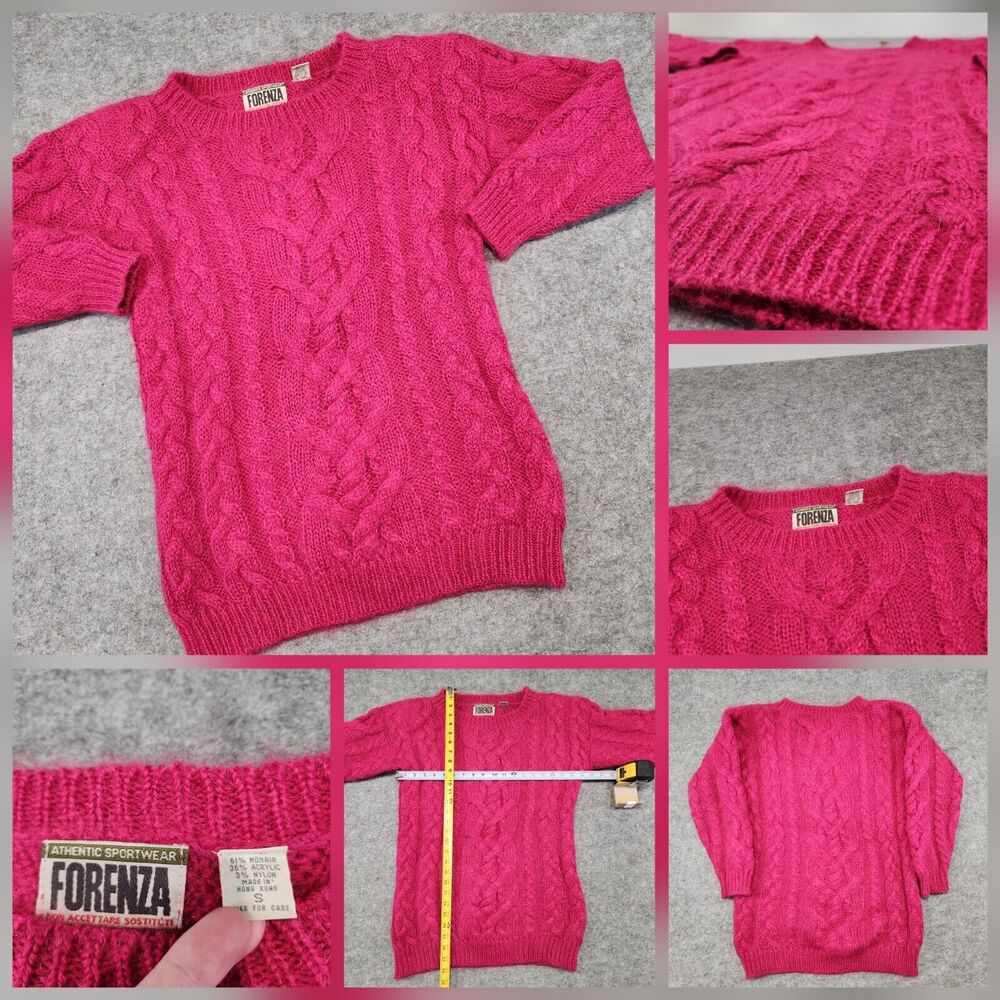 VTG Forenza Mohair Blend Cable Knit Womens S Small Oversized Tunic Pink Sweater